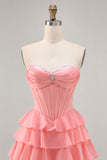 Cute Blush A-Line Strapless Corset Tiered Short Homecoming Dress with Beading