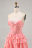 Cute Blush A-Line Strapless Corset Tiered Short Homecoming Dress with Beading