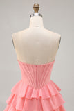 Cute Blush A-Line Strapless Corset Tiered Short Homecoming Dress with Beading