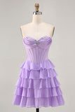 Cute Purple A-Line Tiered Strapless Corset Short Homecoming Dress
