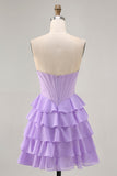 Cute Blush A-Line Strapless Corset Tiered Short Homecoming Dress with Beading