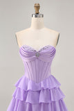 Cute Blush A-Line Strapless Corset Tiered Short Homecoming Dress with Beading