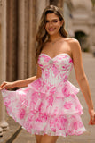 Fuchsia A-Line Strapless Floral Tiered Corset Homecoming Dress