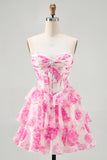 Fuchsia A-Line Strapless Floral Tiered Corset Homecoming Dress