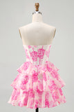Fuchsia A-Line Strapless Tiered Printed Floral Short Homecoming Dress