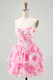 Fuchsia A-Line Strapless Tiered Printed Floral Short Homecoming Dress