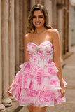 Fuchsia A-Line Strapless Floral Tiered Corset Homecoming Dress