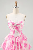 Fuchsia A-Line Strapless Tiered Printed Floral Short Homecoming Dress