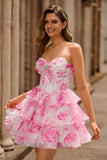 Fuchsia A-Line Strapless Floral Tiered Corset Homecoming Dress