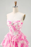 Fuchsia A-Line Strapless Tiered Printed Floral Short Homecoming Dress