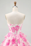 Fuchsia A-Line Strapless Tiered Printed Floral Short Homecoming Dress