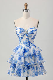 White Blue Flower Strapless A Line Printed Short Homecoming Dress