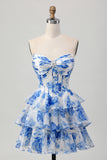 White Blue Flower Strapless A Line Printed Short Homecoming Dress