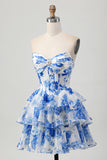White Blue Flower A-Line Strapless Corset Tiered Short Homecoming Dress