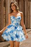 White Blue Flower Strapless A Line Printed Short Homecoming Dress