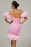 Pink Off The Shoulder Bodycon Sequins Short Homecoming Dress