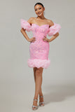 Pink Off The Shoulder Bodycon Sequins Short Homecoming Dress
