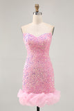 Pink Off The Shoulder Bodycon Sequins Short Homecoming Dress