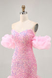 Pink Off The Shoulder Bodycon Sequins Short Homecoming Dress