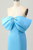 Blue Bodycon Off The Shoulder Short Homecoming Dress with Bow