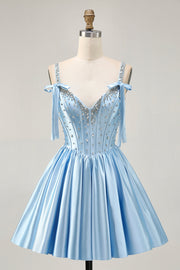 Blue A Line Beaded Corset Satin Short Homecoming Dress with Bows