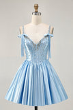 Blue A Line Beaded Corset Satin Short Homecoming Dress with Bows