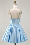 Blue A Line Beaded Corset Satin Short Homecoming Dress with Bows