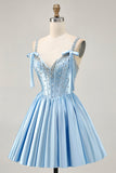 Blue A Line Beaded Corset Satin Short Homecoming Dress with Bows