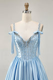 Blue A Line Beaded Corset Satin Short Homecoming Dress with Bows