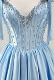 Blue A Line Beaded Corset Satin Short Homecoming Dress with Bows
