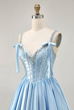 Blue A Line Beaded Corset Satin Short Homecoming Dress with Bows