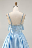 Blue A Line Beaded Corset Satin Short Homecoming Dress with Bows