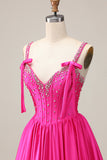 Fuchsia A Line Satin Corset Short Homecoming Dress with Beading