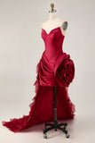 Burgundy Strapless Ruffled Short Homecoming Dress with 3D Flower