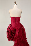 Burgundy Strapless Ruffled Short Homecoming Dress with 3D Flower