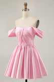 Pink A-Line Off The Shoulder Ruched Short Homecoming Dress