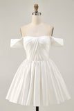 White Satin A-Line Off The Shoulder Ruched Short Homecoming Dress