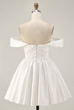 White Satin A-Line Off The Shoulder Ruched Short Homecoming Dress