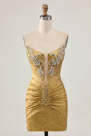 Golden Strapless Short Bodycon Homecoming Dress with Beading