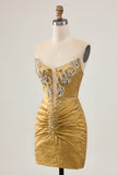 Golden Strapless Short Bodycon Homecoming Dress with Beading
