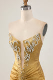 Golden Strapless Short Bodycon Homecoming Dress with Beading