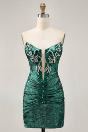 Strapless Grey Green Bodycon Ruched Short Homecoming Dress with Beading