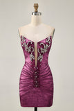 Strapless Bodycon Beaded Wine Homecoming Dress with Rhinestones