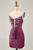 Strapless Bodycon Beaded Wine Homecoming Dress with Rhinestones