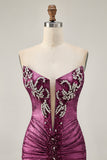 Strapless Bodycon Beaded Wine Homecoming Dress with Rhinestones