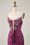 Strapless Bodycon Beaded Wine Homecoming Dress with Rhinestones