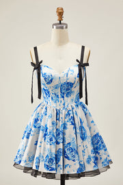 White Blue Floral Corset A Line Short Homecoming Dress with Bow