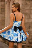 White Blue Floral A Line Corset Short Homecoming Dress with Bow Straps