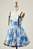 White Blue Floral A Line Corset Short Homecoming Dress with Bow Straps