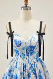 White Blue Floral A Line Corset Short Homecoming Dress with Bow Straps